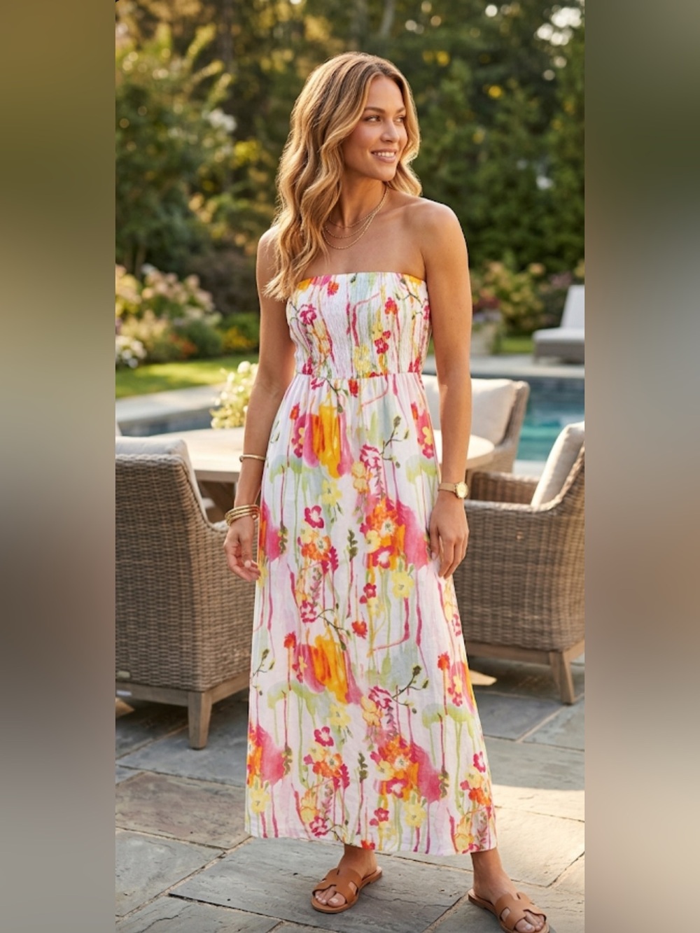 Old Navy Pastel Floral Strapless Dress in White, Pink & Yellow